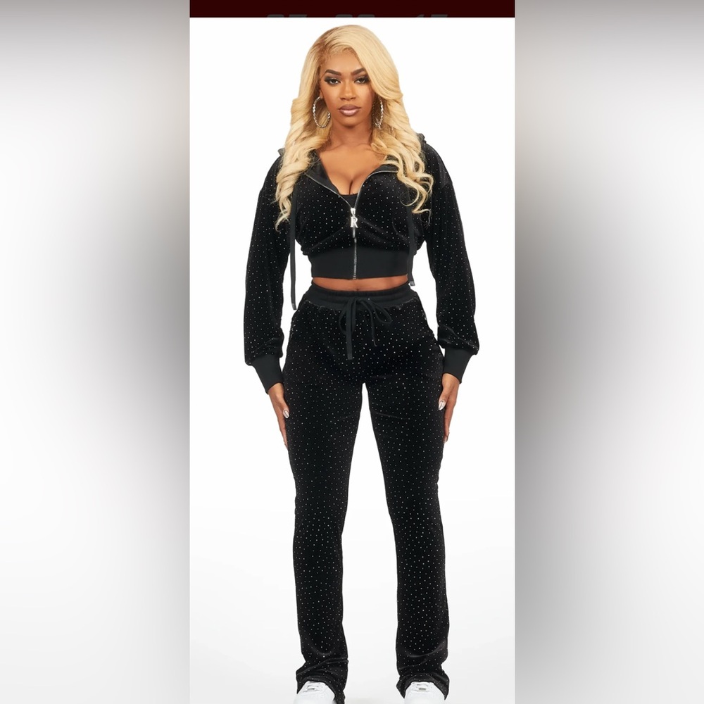 New 2 Piece Rockstar Original Women Black Velvet Tracksuit